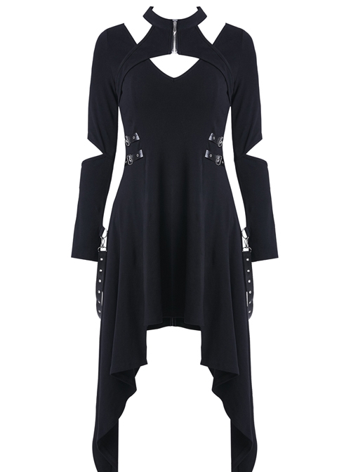 Punk Metal Hook Black Hollow Out Shoulder Gothic Midi Dress