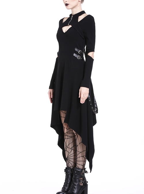 Punk Metal Hook Black Hollow Out Shoulder Gothic Midi Dress