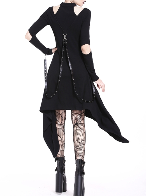 Punk Metal Hook Black Hollow Out Shoulder Gothic Midi Dress