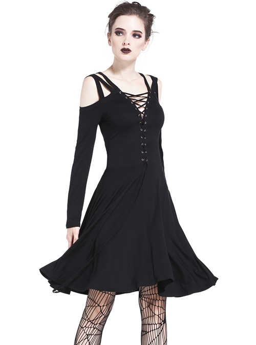 Gothic Black Slit Chest Strap Backless Slim Sling Dress