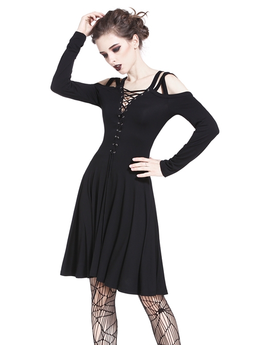 Gothic Black Slit Chest Strap Backless Slim Sling Dress