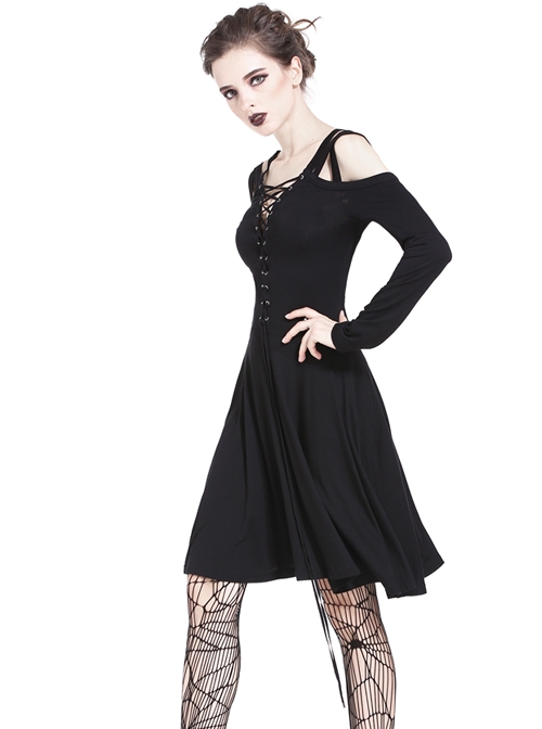 Gothic Black Slit Chest Strap Backless Slim Sling Dress