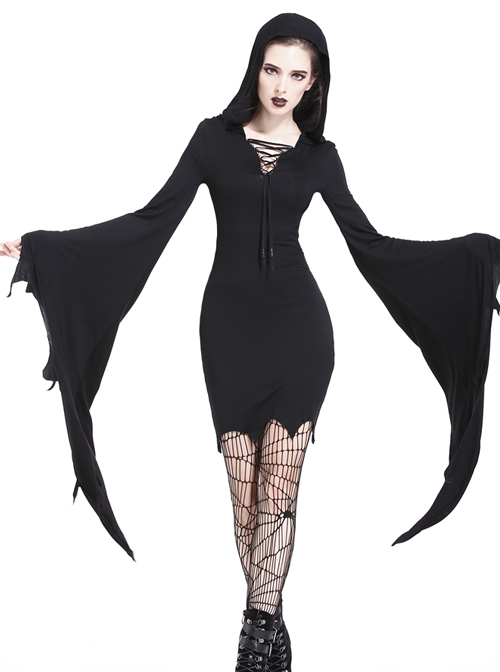 Gothic Black Hooded Halloween Super Bat Sleeve Sexy Dress - Magic Wardrobes