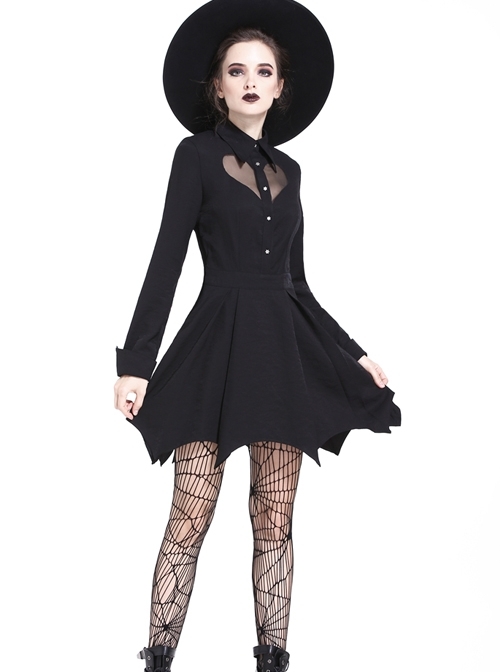 Gothic Sexy Heart Shaped Mesh Yarn Black Lapel Long Sleeve Dress