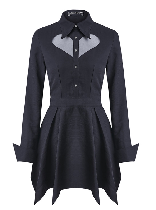 Gothic Sexy Heart Shaped Mesh Yarn Black Lapel Long Sleeve Dress