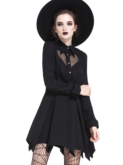 Gothic Sexy Heart Shaped Mesh Yarn Black Lapel Long Sleeve Dress