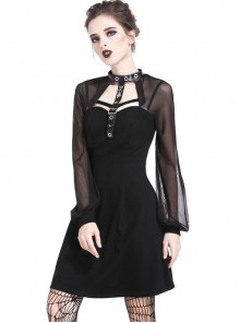 Gothic Punk Black Mesh Yarn Long Sleeve Slim Halter Dress