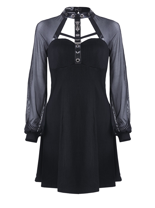 Gothic Punk Black Mesh Yarn Long Sleeve Slim Halter Dress