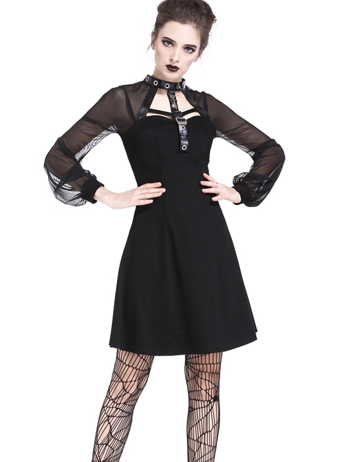 Gothic Punk Black Mesh Yarn Long Sleeve Slim Halter Dress - Magic Wardrobes