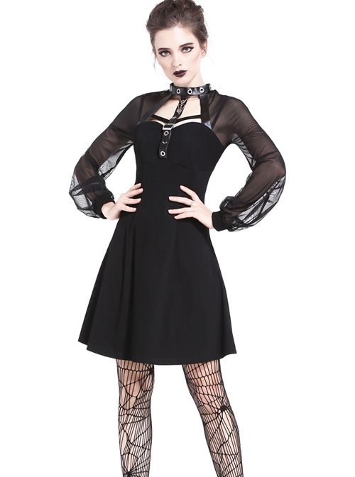 Gothic Punk Black Mesh Yarn Long Sleeve Slim Halter Dress