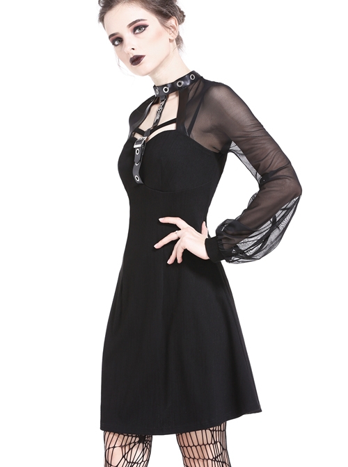 Gothic Punk Black Mesh Yarn Long Sleeve Slim Halter Dress