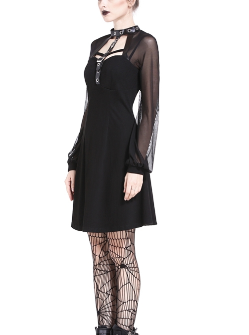 Gothic Punk Black Mesh Yarn Long Sleeve Slim Halter Dress