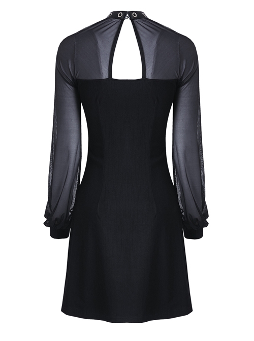 Gothic Punk Black Mesh Yarn Long Sleeve Slim Halter Dress
