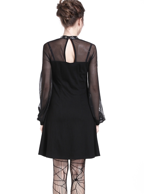 Gothic Punk Black Mesh Yarn Long Sleeve Slim Halter Dress