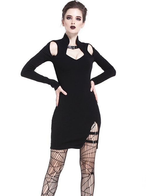 Gothic Black Hollow Shoulder Slit Hem Short Dress