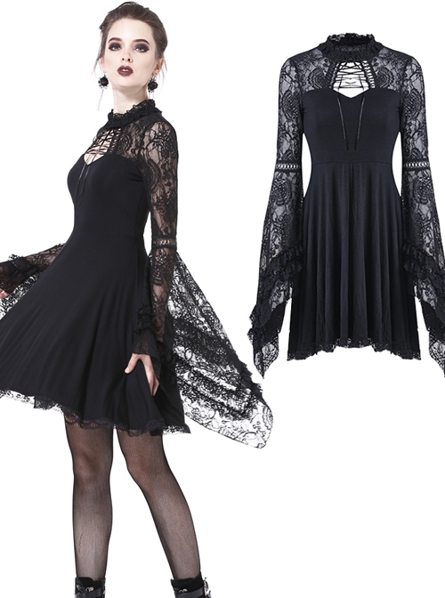 Elegant Black Lace Gothic Slim Knitted Short Dress - Magic Wardrobes