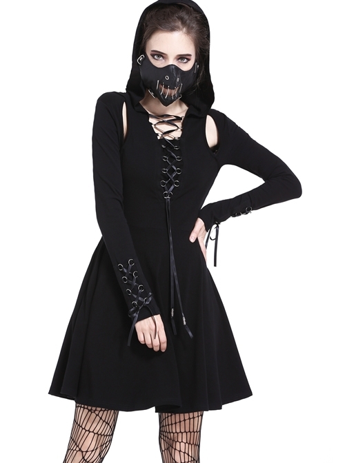 Gothic Punk Lace-up Black Sexy Slit Hooded Short Dress