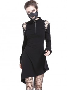 Gothic Black Punk Zipper Oblique Hem Hollow Out Shoulder Slim Dress
