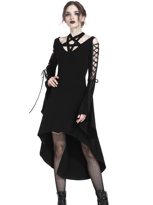 Gothic Black Pentagram Crossed Neckline Lace-up Long Sleeves Dress