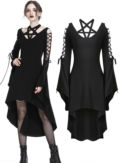 Gothic Black Pentagram Crossed Neckline Lace-up Long Sleeves Dress ...