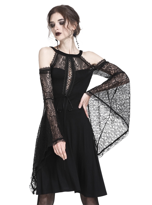 Gothic Black Slit Chest Hollow Out Shoulder Lace Long Sleeve Knitted Dress