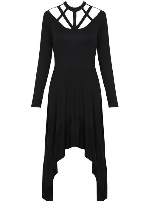 Gothic Black Straps Neckline Waterfall Hem Long Sleeve Dress