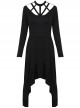Gothic Black Straps Neckline Waterfall Hem Long Sleeve Dress