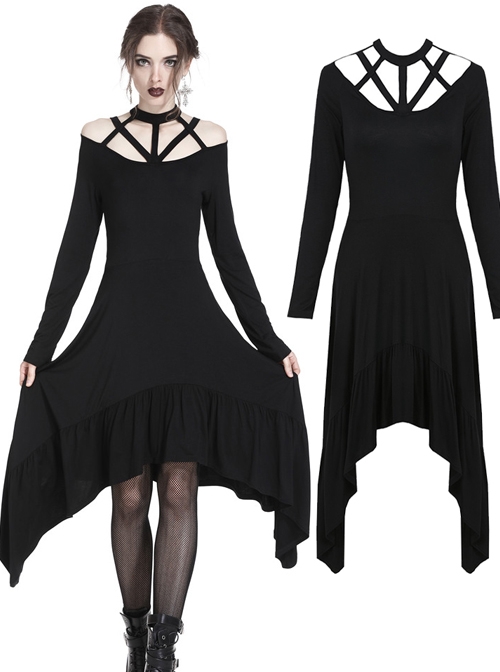 Gothic Black Straps Neckline Waterfall Hem Long Sleeve Dress