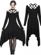 Gothic Black Straps Neckline Waterfall Hem Long Sleeve Dress
