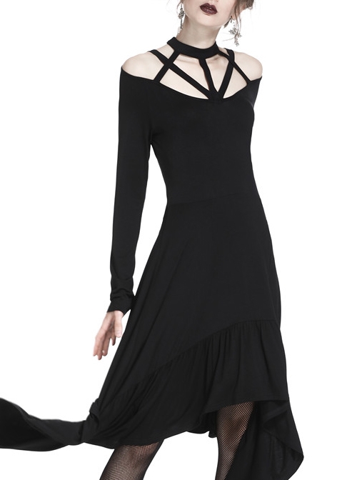 Gothic Black Straps Neckline Waterfall Hem Long Sleeve Dress