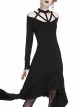 Gothic Black Straps Neckline Waterfall Hem Long Sleeve Dress