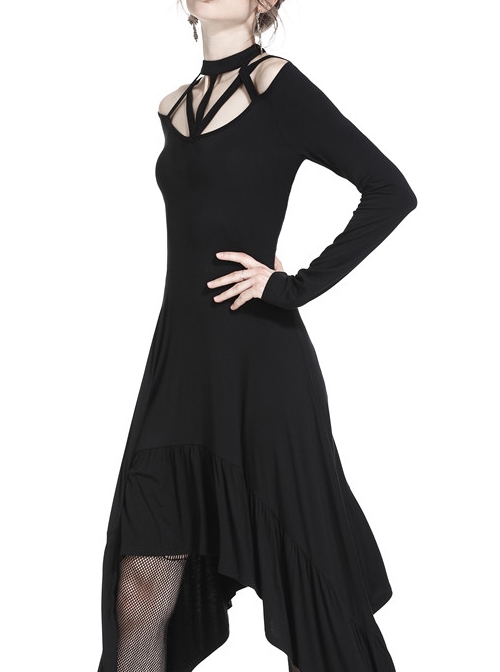 Gothic Black Straps Neckline Waterfall Hem Long Sleeve Dress