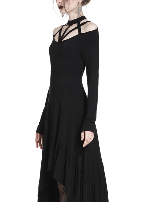 Gothic Black Straps Neckline Waterfall Hem Long Sleeve Dress