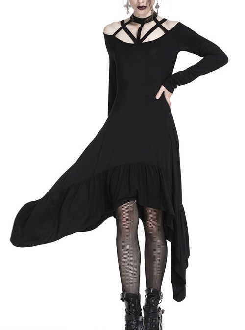 Gothic Black Straps Neckline Waterfall Hem Long Sleeve Dress