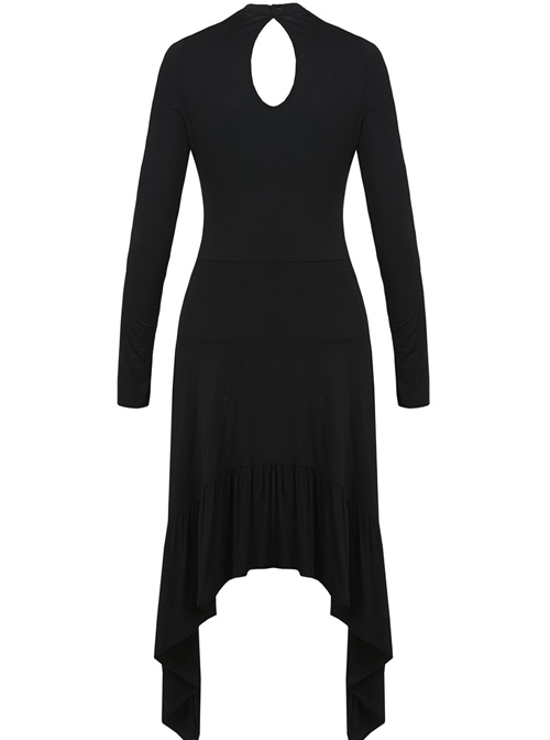 Gothic Black Straps Neckline Waterfall Hem Long Sleeve Dress