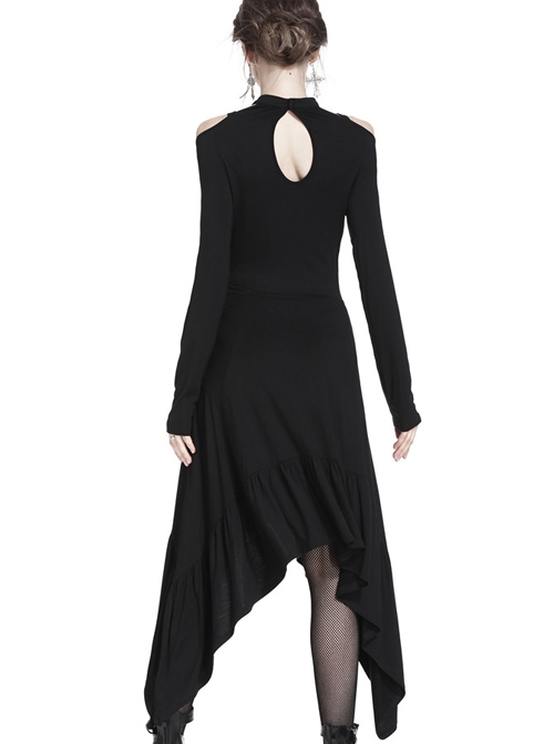 Gothic Black Straps Neckline Waterfall Hem Long Sleeve Dress