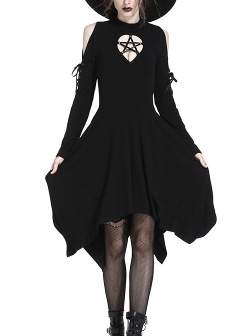 Gothic Black Hollow Out Five-pointed Star Chest Irregular Hem Lace-up Long Sleeves Dress