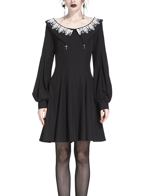 Gothic Black Chiffon White Lace Lapel Crucifix Pendant Long Sleeve Dress