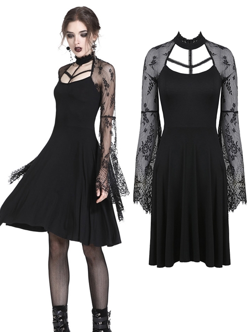 Gothic Black Sexy Lace Long Sleeves Slim Midi Dress