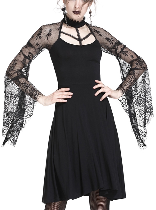 Gothic Black Sexy Lace Long Sleeves Slim Midi Dress