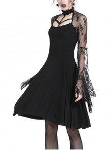 Gothic Black Sexy Lace Long Sleeves Slim Midi Dress