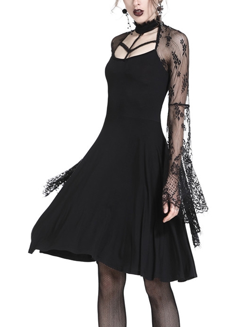 Gothic Black Sexy Lace Long Sleeves Slim Midi Dress