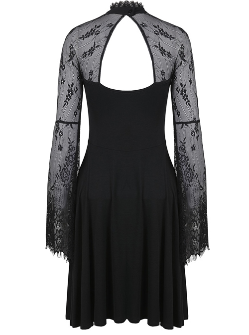 Gothic Black Sexy Lace Long Sleeves Slim Midi Dress