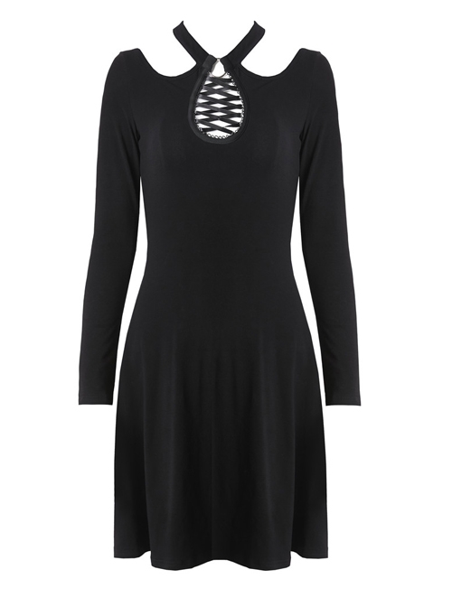 Gothic Black Hollow Out Lace-up Chest Slim Long Sleeve Dress - Magic  Wardrobes