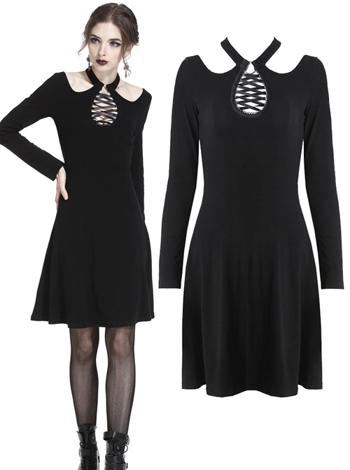 Gothic Black Hollow Out Lace-up Chest Slim Long Sleeve Dress