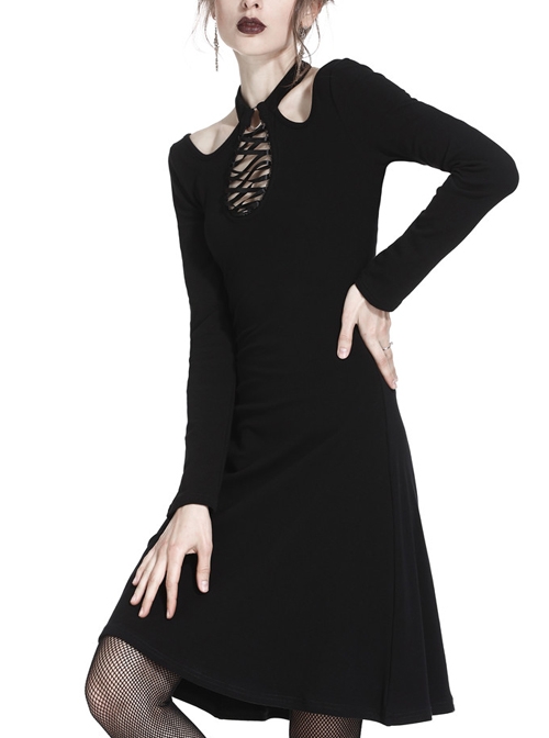 Gothic Black Hollow Out Lace-up Chest Slim Long Sleeve Dress