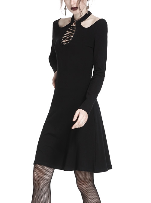 Gothic Black Hollow Out Lace-up Chest Slim Long Sleeve Dress