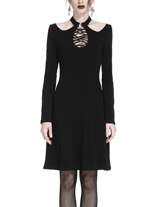 Gothic Black Hollow Out Lace-up Chest Slim Long Sleeve Dress