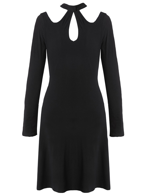 Gothic Black Hollow Out Lace-up Chest Slim Long Sleeve Dress