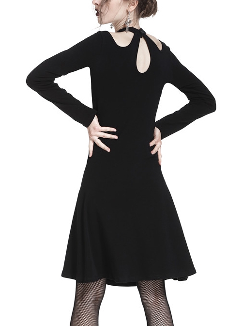 Gothic Black Hollow Out Lace-up Chest Slim Long Sleeve Dress